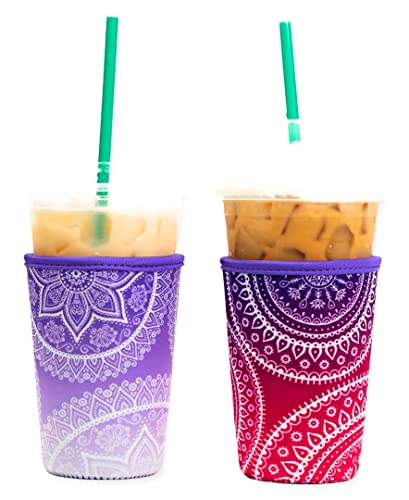 BAXENDALE AND CO Baxendale Iced Coffee Sleeve Cups - 2 Pack - Neoprene Iced Coffee Sleeve - Medium 22-24oz (Mandala Purple) - Image 1