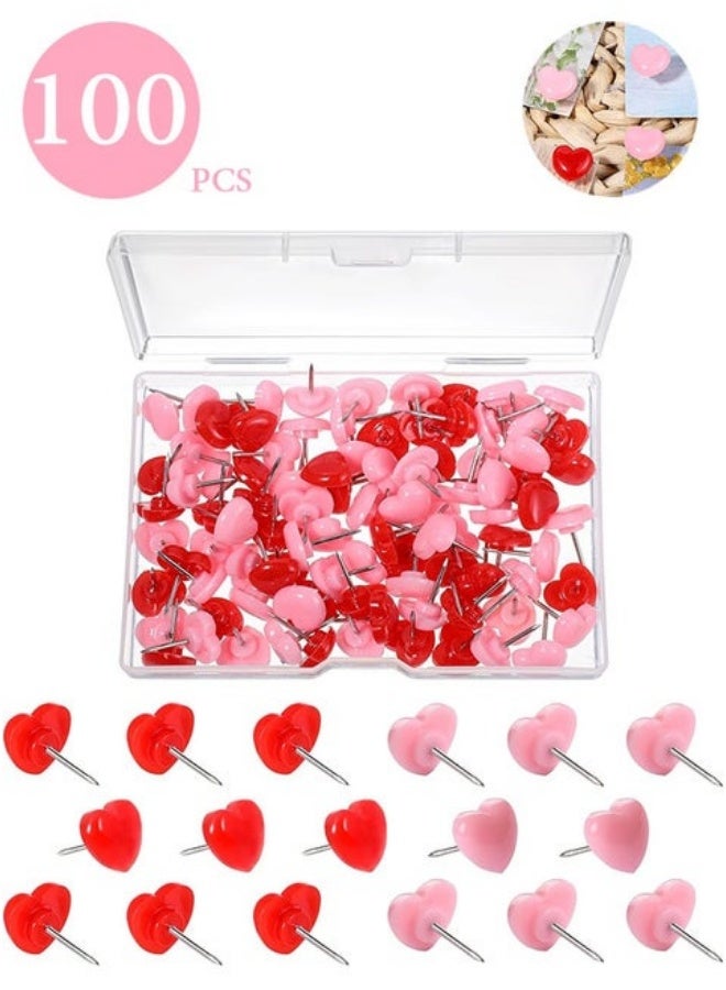 SHAOZHEN 100pcs Push Pins, 0.49inch Plastic Pushpins Pink & Red Push Pins Heart Shaped Cute Thumb Tacks Decorative for Notice Board Cork Board Home School Office - Image 1