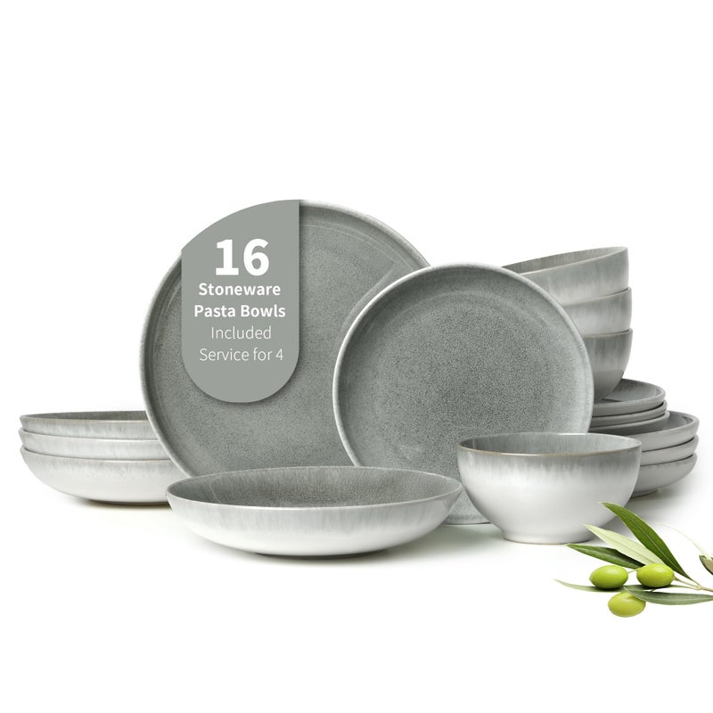 Pokini 16 Piece Double Bowl Dinnerware Sets, Stain Resistant Dish Set with Pasta Bowls, Easy Cleaning Dishes, Multi-Functional Plate and Bowl, Stack Compactly Plate Set, Service for 4 - Image 1
