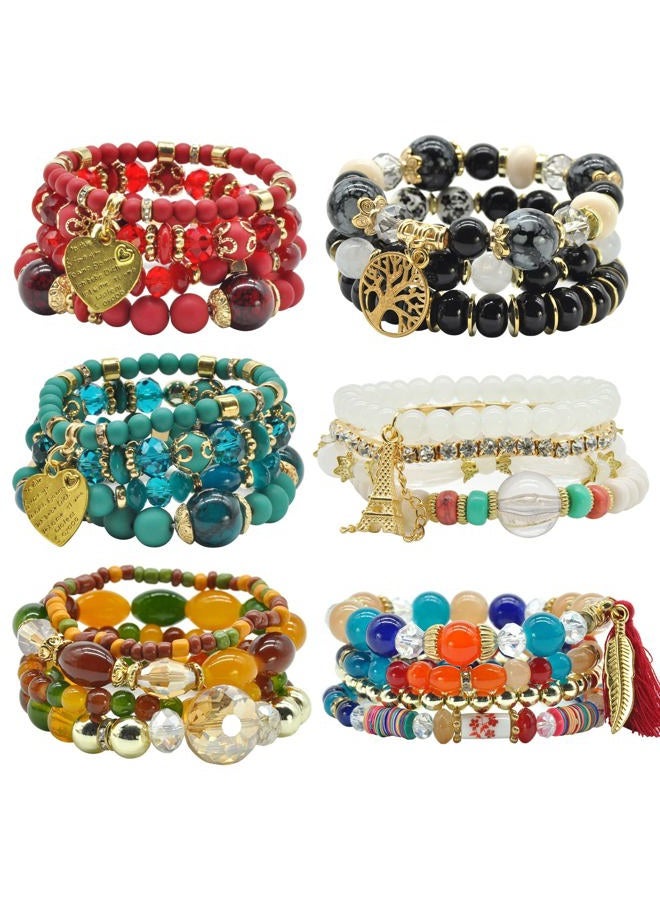 VONRU Bohemian Bracelet Sets for Women - 6 Sets Stackable Stretch Bracelets Multi-color Boho Jewelry for Women Hippie Bracelets Dainty Jewelry Best Friend Gift, No Size, Plastic, not known - Image 1