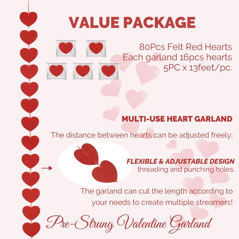 Rypyp Valentines Day Decorations Heart Garland Hanging, Pre-Strung 80Pcs Felt Red Heart String Garland Valentines Day Banner Party Decor- Valentines Decor, Galentines Wedding Hearts Decorations - Image 3