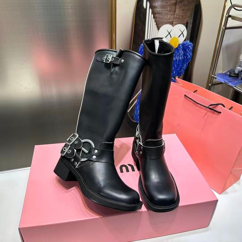 Miu Miu Yi Meng Ling Mu'S Belt Buckle Brown Boots Over The Knee Round Toe Western Cowboy Knight Boots Style - Image 5