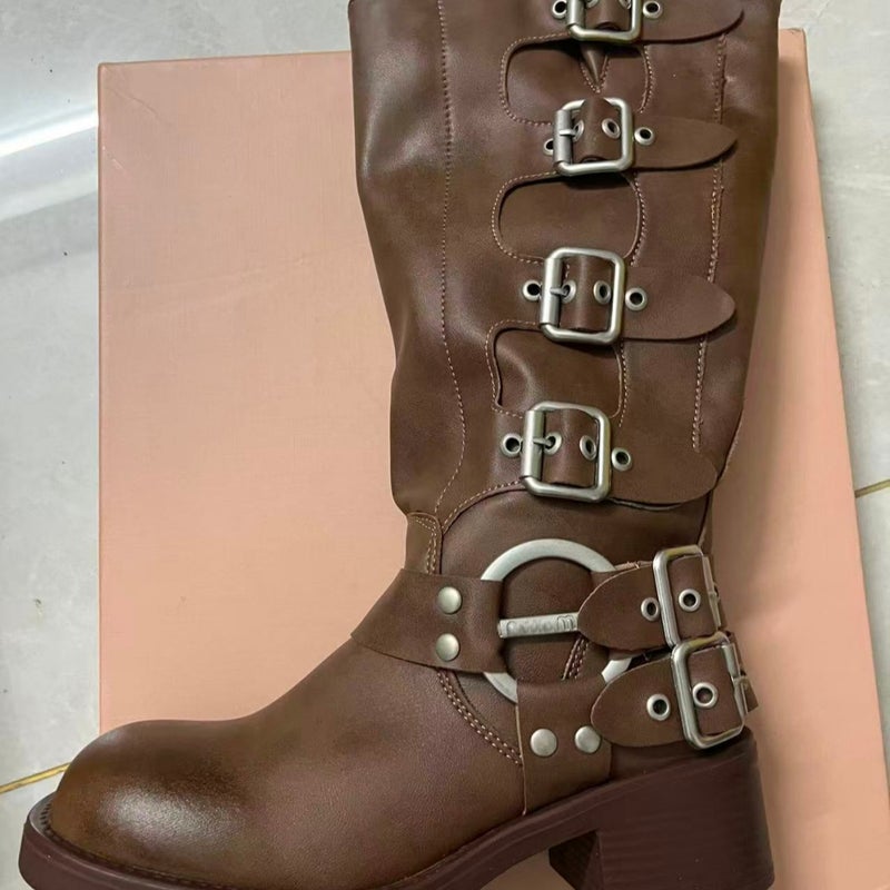 Miu Miu Yi Meng Ling Mu'S Belt Buckle Brown Boots Over The Knee Round Toe Western Cowboy Knight Boots Style - Image 1