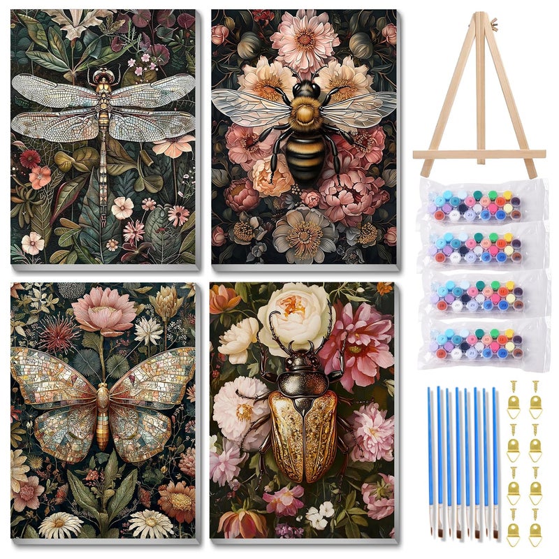 Mandun 4 Pack Paint by Numbers Kit for Adults with Wooden Frames, Dragonfly Butterfly Bee Bettle Paint by Number for Adults Beginners, Paint by Numbers on Canvas Acrylic for Home Wall Art Decor 9.8x13.7 Inch - Image 1