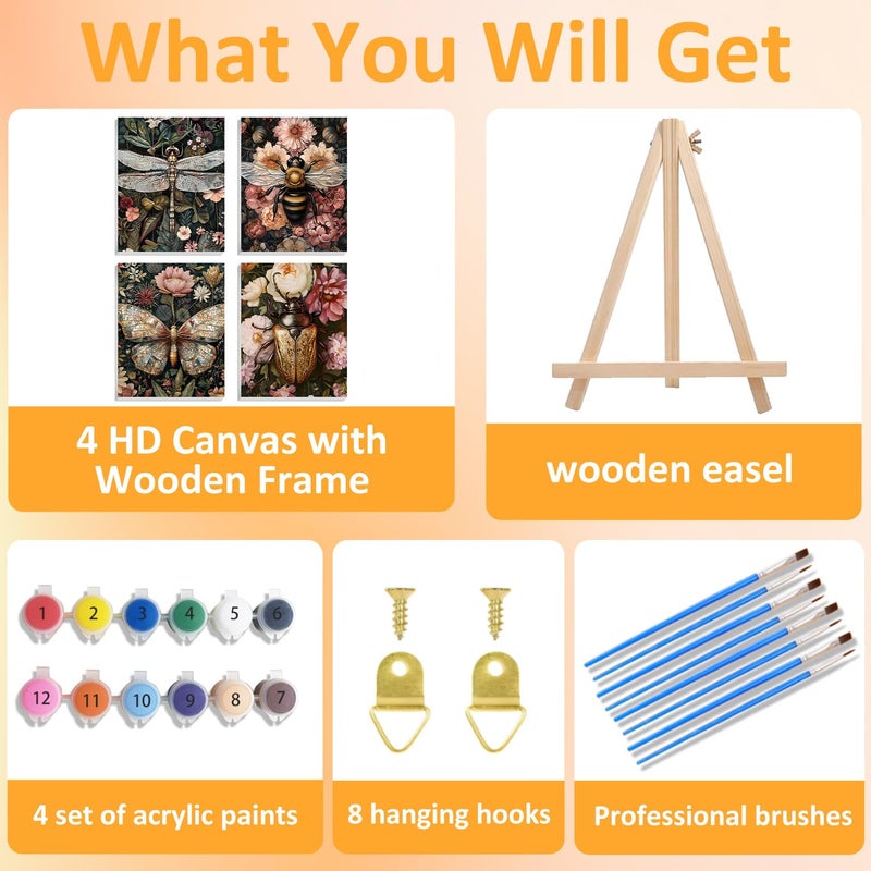 Mandun 4 Pack Paint by Numbers Kit for Adults with Wooden Frames, Dragonfly Butterfly Bee Bettle Paint by Number for Adults Beginners, Paint by Numbers on Canvas Acrylic for Home Wall Art Decor 9.8x13.7 Inch - Image 4