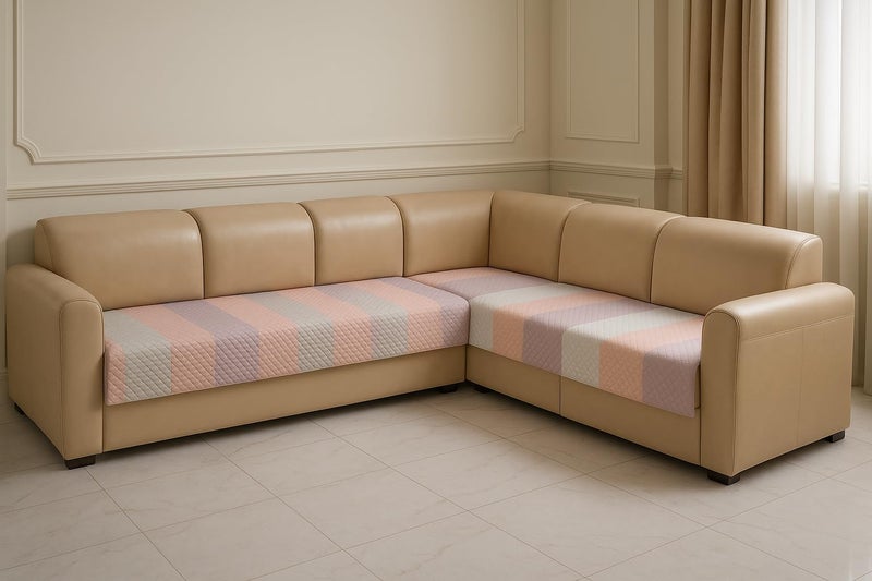 KINGLY Tariff Pastel Stripes Quilted Velvet L-Shape Sofa Cover - L-Shape 7-Seater (4+3) - Fresh Pastel Vibe - Daily Use Luxury Look - Indian Size Fit - Dust Spill Stain Guard - Non-Fading Color - Image 1