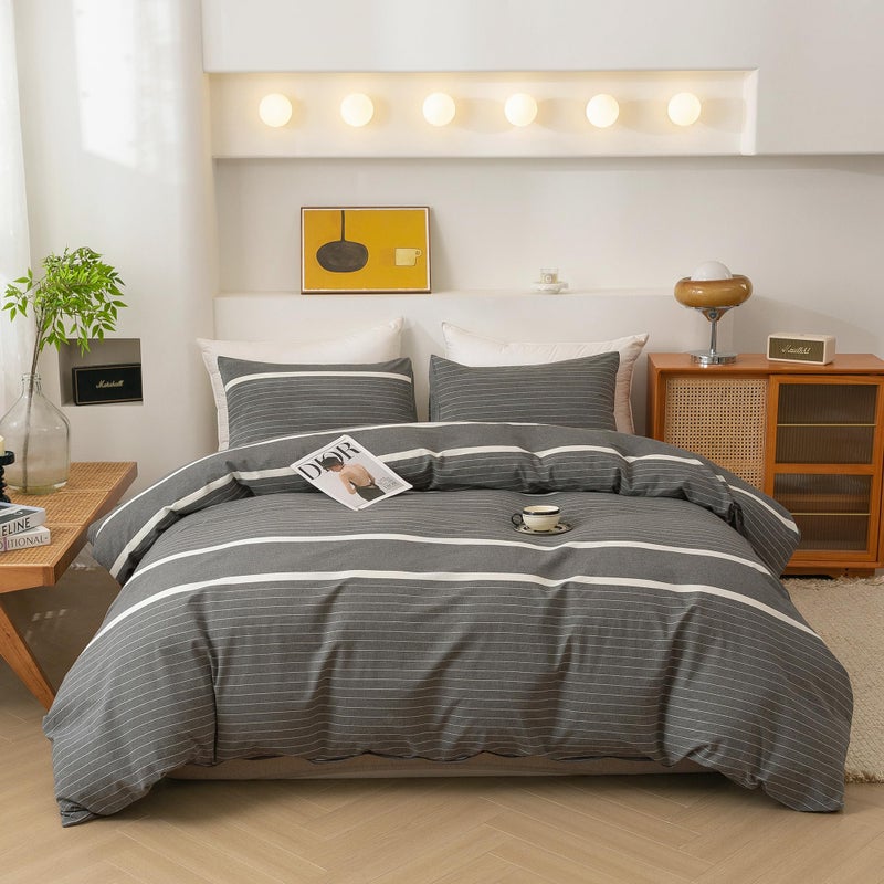 ECOCOTT طقم غطاء لحاف مكون من 3 قطع من ECOCOTT مصنوع من القطن المغسول بنسبة 100%، غطاء لحاف واحد بسحاب و2 كيس وسادة، فائق النعومة وسهل العناية، طقم سرير مريح وبسيط (خطوط رمادية) - Image 1