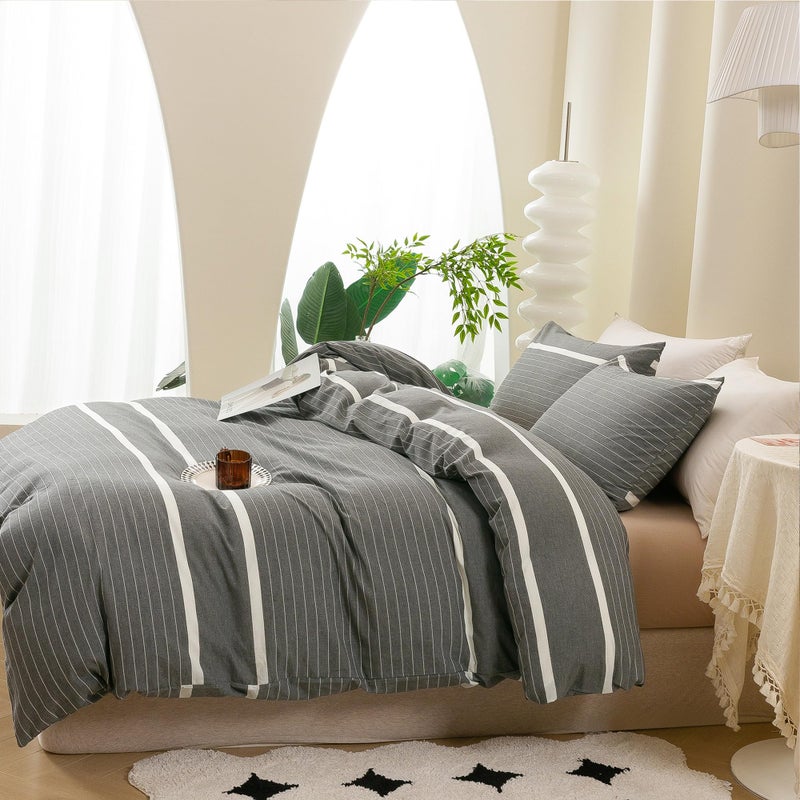 ECOCOTT طقم غطاء لحاف مكون من 3 قطع من ECOCOTT مصنوع من القطن المغسول بنسبة 100%، غطاء لحاف واحد بسحاب و2 كيس وسادة، فائق النعومة وسهل العناية، طقم سرير مريح وبسيط (خطوط رمادية) - Image 5