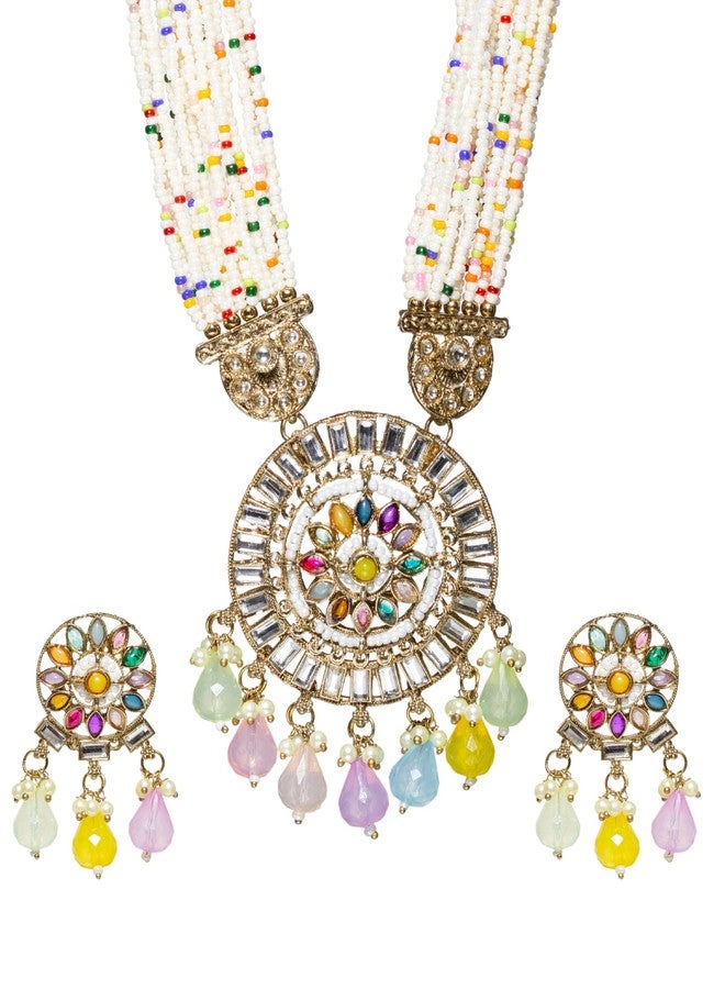 بينداني طقم قلادة وأقراط بتصميم راني هار الهندي المستوحى من بوليوود، مرصع بأحجار كوندان طويلة، مناسب لحفلات الزفاف للنساء - Image 1