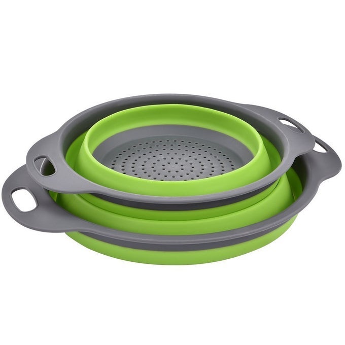 COLANDER SET KITCHEN FOLDABLE SILICONE FILTER ENVIRONMENTALLY FRIENDLY NONTOXIC EASY TO CLEAN 2 SIZES INCLUDING 8INCH AND 95INCH GREEN