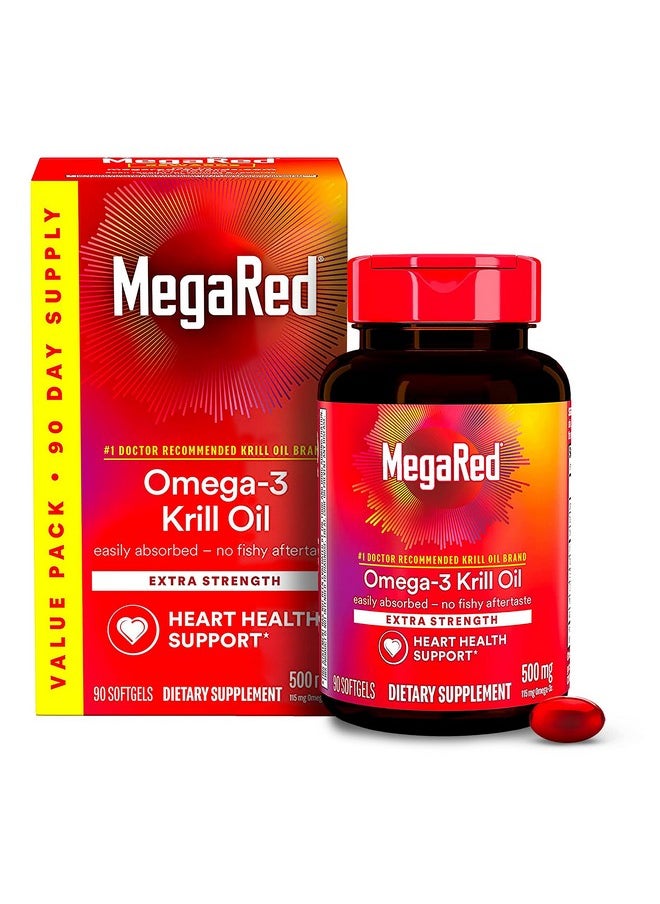 Megared Antarctic Krill Oil 500Mg Omega 3 Fatty Acid Supplement Megared Extra Strength Epa & Dha Softgels (90Cnt Box) Antioxidant Astaxanthin Heart Health Supplement With No Fish Oil Aftertaste  - Image 1