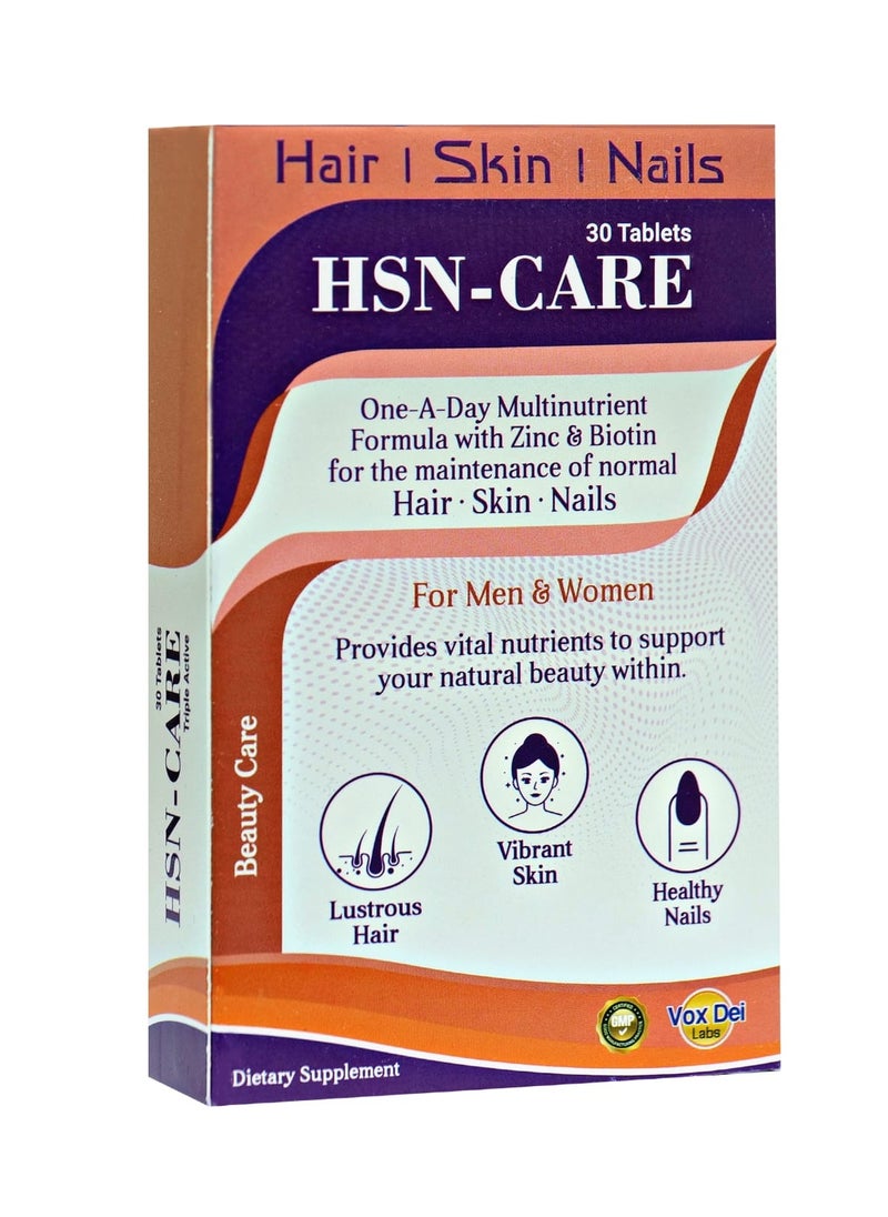 VOX DEI LABS - أقراص HSN Care - 30 قرصًا | تركيبة متعددة العناصر الغذائية مع الزنك والبيوتين للاستخدام مرة واحدة يوميًا لصحة الشعر والبشرة والأظافر - Image 1