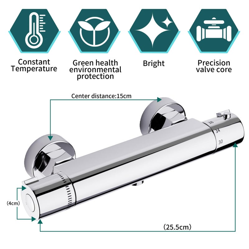MORADO Thermostatic Shower Mixer,Thermostatic Shower Bar,Wall Mounted Shower Mixer Bar,Mixer Shower Bar with Anti-Scald Control Valve, Chrome, Brass - Image 2