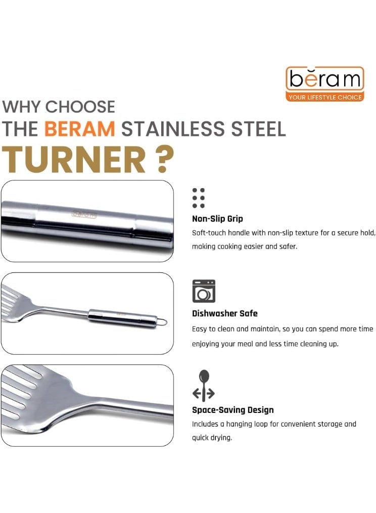 BERAM Premium Stainless Steel Slotted Turner – Heavy-Duty Matte Finish Cooking Utensil, 100% Food-Grade Steel Spatula for Frying, Flipping, and Serving – Durable Silver Kitchen Tool for Everyday Use - Image 5
