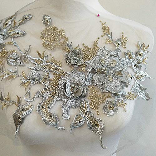FEEPOP 3D Embroidered Patches Nail Bead Tulle Applique Flower Patch for Clothing Wedding Dress Lace C Fabric DIY Decoration (Gray) - Image 2