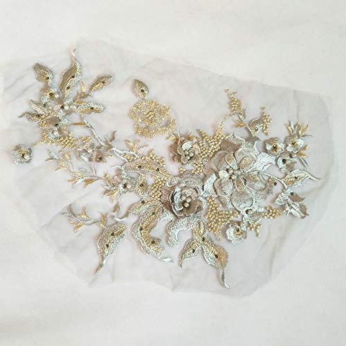 FEEPOP 3D Embroidered Patches Nail Bead Tulle Applique Flower Patch for Clothing Wedding Dress Lace C Fabric DIY Decoration (Gray) - Image 4