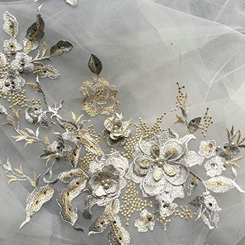 FEEPOP 3D Embroidered Patches Nail Bead Tulle Applique Flower Patch for Clothing Wedding Dress Lace C Fabric DIY Decoration (Gray) - Image 3