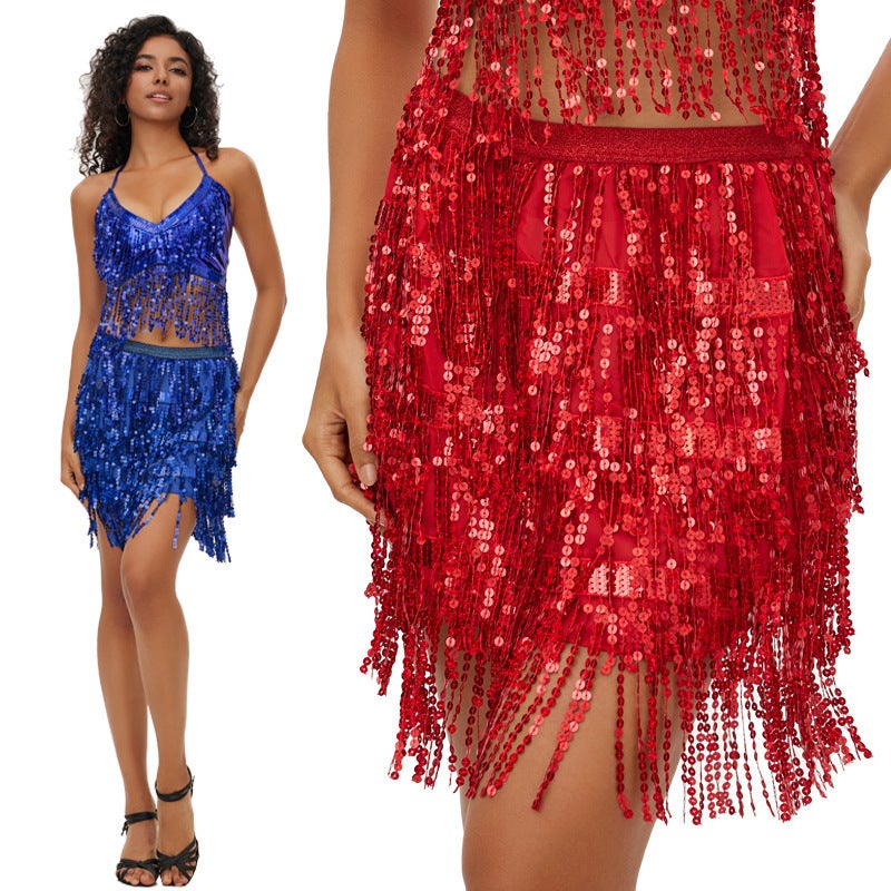 إسكدنيا Dance Dress Belly Dance Sequin Tassel Half-Length Dress Beadlet Performance Dress - Image 2