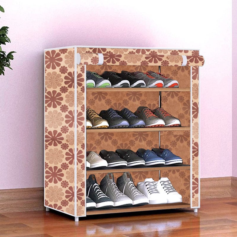 BAE Bae Premium 4Tiers Shoe RackMultipurpose Storage Rack with Dustproof Cover NonWoven Fabric Plastic Connector Beige Flower Print 4 Shelf - Image 1