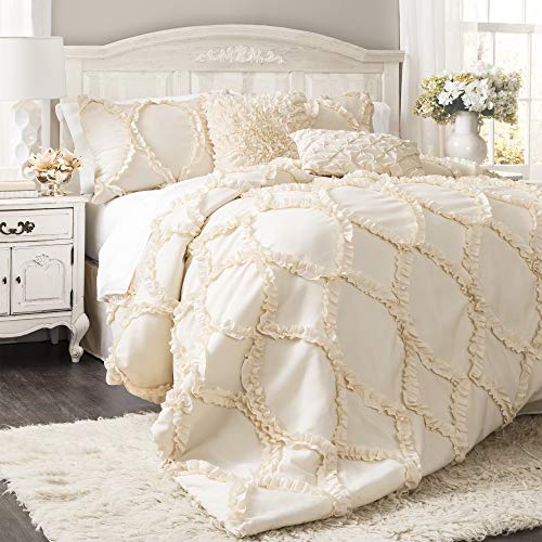 Lush Decor Avon Comforter Set, 3 Piece Set, King, Ivory - Romantic Farmhouse Bedding Set - Elegant Ruffle Bedding - Soft Textured Comforter - Country Cottage & Farmhouse Bedroom Decor - Image 1
