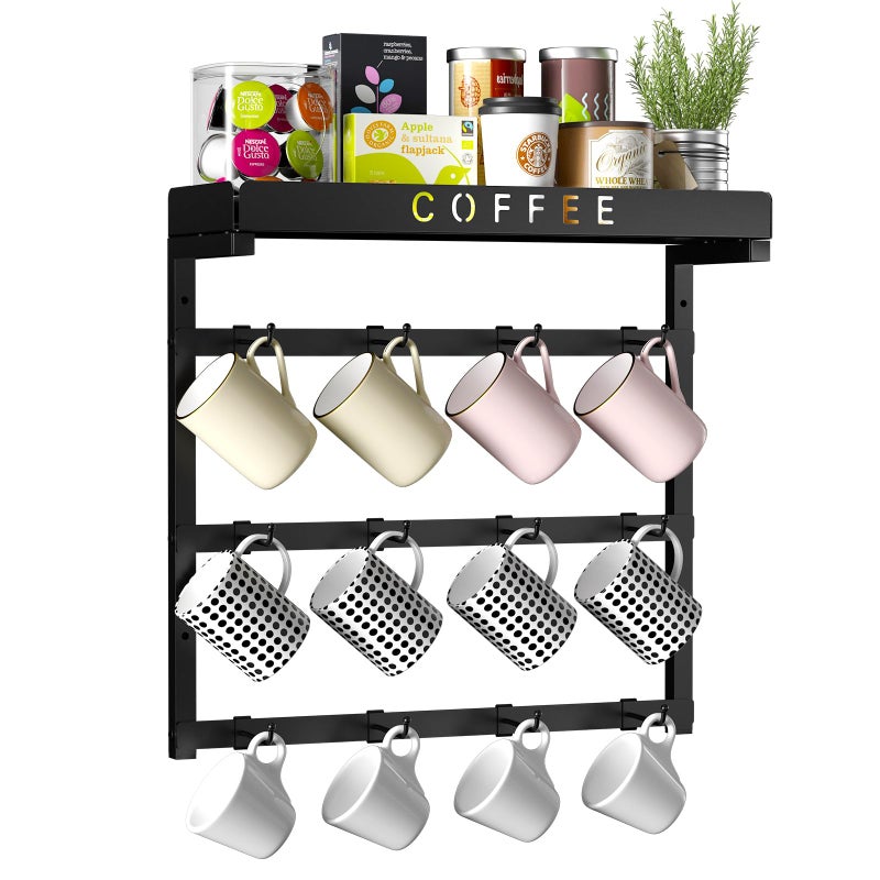 RCHYFEED Coffee Mug Holder Wall Mounted Mug Rack Organizer for Home Kitchen Display and Collection Metal Cup Holder Mug Tree with Adjustable 12 Hooks and Storage Shelf for Coffee Pods Sugar Bags