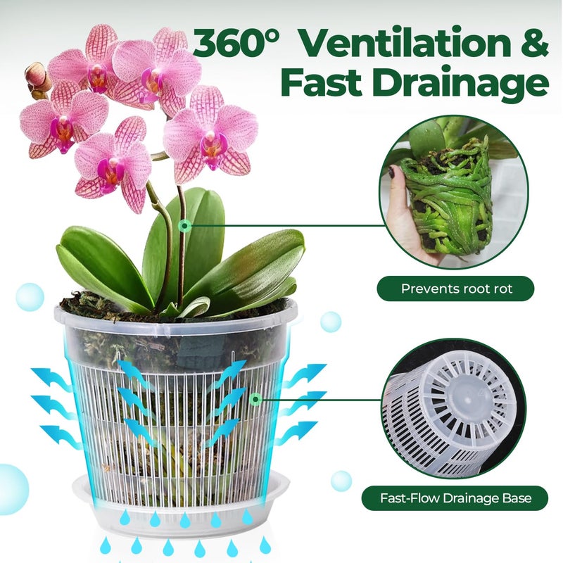 T4U Orchid Pot, 6 Pack 4.3 Inch Orchid Pots with Holes and Saucers, Clear Orchid Pots for Repotting, Plastic Flower Plant Pot for Indoor Outdoor Plants, Slotted Orchids Planter for Root Health - Image 3