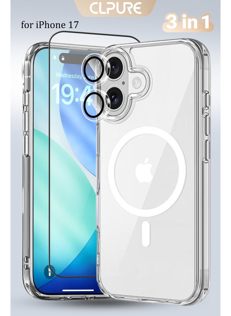 CLPURE 3 in 1 Apple iPhone 17 Protection Pack,for iPhone 17 Case Clear with Screen Protector & Camera Protector Compatible with Magsafe, Anti-Yellowing, Shockproof Slim Magnetic Phone Case Cover, Transparent - Image 1