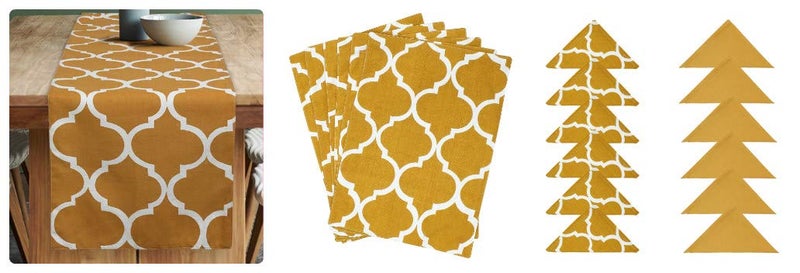 Dekor World Ogee Printed Yellow Table Runner with 4 Pcs Place Mat and Napkin (33x120cm/33x47cm/45x45cm) (Pack of 13 Pcs)-4 Seater Dinning & Center Table - Image 1