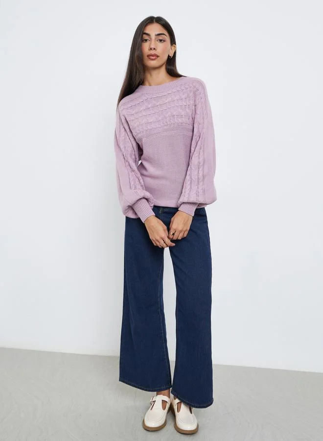 Styli Styli Lilac Balloon Sleeve Cable Knit Sweater