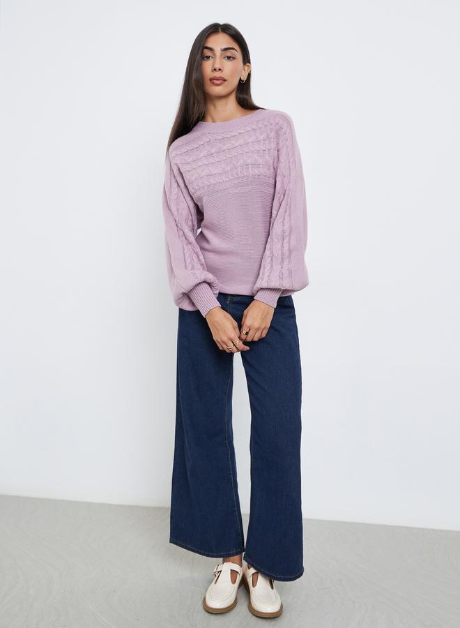 Styli Lilac Balloon Sleeve Cable Knit Sweater - Image 2
