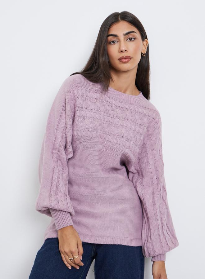 Styli Lilac Balloon Sleeve Cable Knit Sweater - Image 3