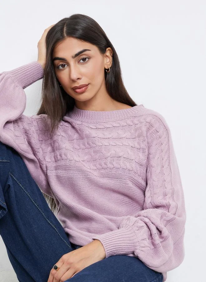 Styli Lilac Balloon Sleeve Cable Knit Sweater