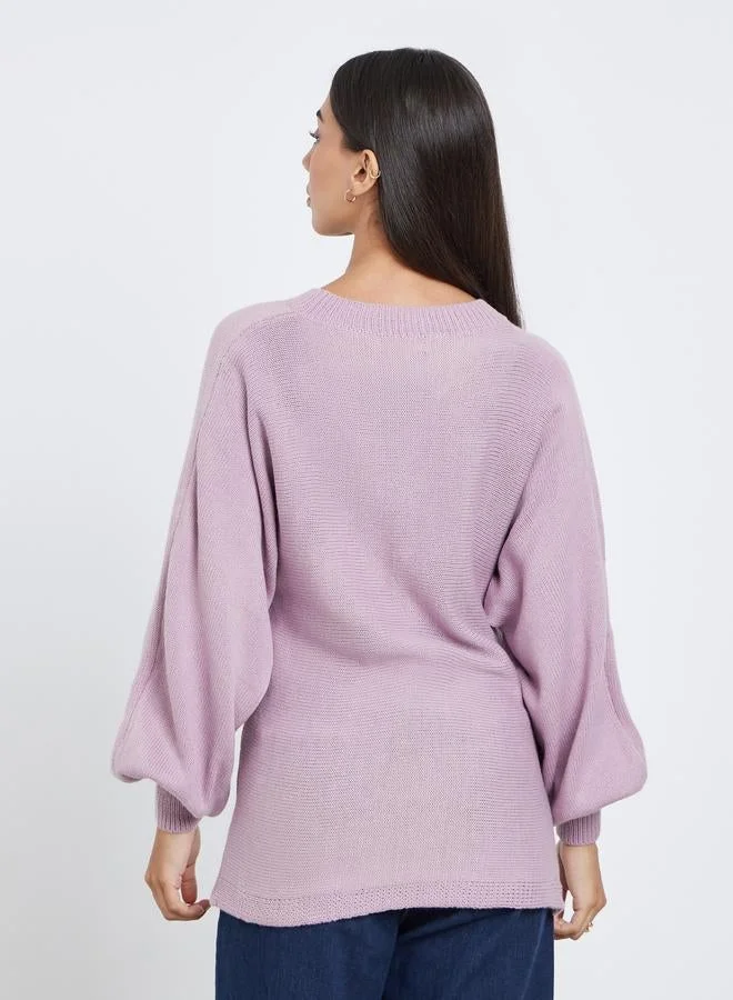Styli Styli Lilac Balloon Sleeve Cable Knit Sweater