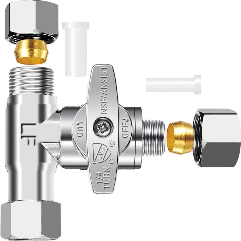 Generic PURENAT Tee Stop Valve - Lead-Free Add-A-Tee Valve 3/8 Inch x 3/8 Inch x 1/4 Inch,1/4 Turn,Brass Angle Stop Valve Adapter for Reverse Osmosis Water Filters,Ice Maker,Refrigerator  - Image 1