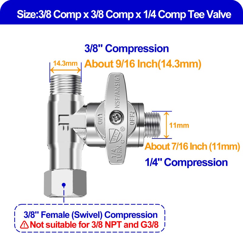 Generic PURENAT Tee Stop Valve - Lead-Free Add-A-Tee Valve 3/8 Inch x 3/8 Inch x 1/4 Inch,1/4 Turn,Brass Angle Stop Valve Adapter for Reverse Osmosis Water Filters,Ice Maker,Refrigerator  - Image 2