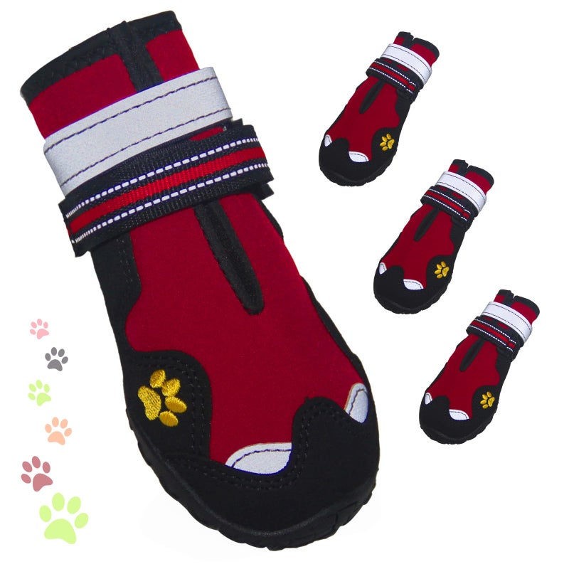 FISHOAKY Dog Shoes for Large Dogs, 360Â°Anti Slip Medium Dog Boots & Paw Protectors Winter Snowy, Waterproof 4Pcs Dog Booties with Reflective Strips (Size 6: 2.56''x3.07''(W*L), Red) - Image 1