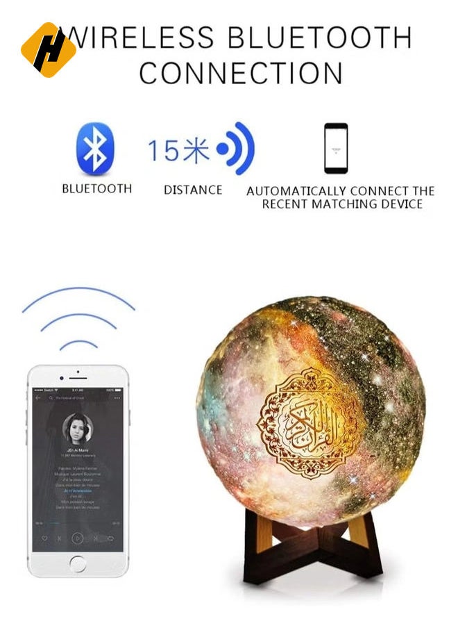 HuHa - Portable Quran speaker LED night light, 16-color 3D printing LED Galaxy Moon light, Bluetooth, Micro SD remote control speaker, Quran chanting, FM radio (ELT-GLOBE-01) - Image 1