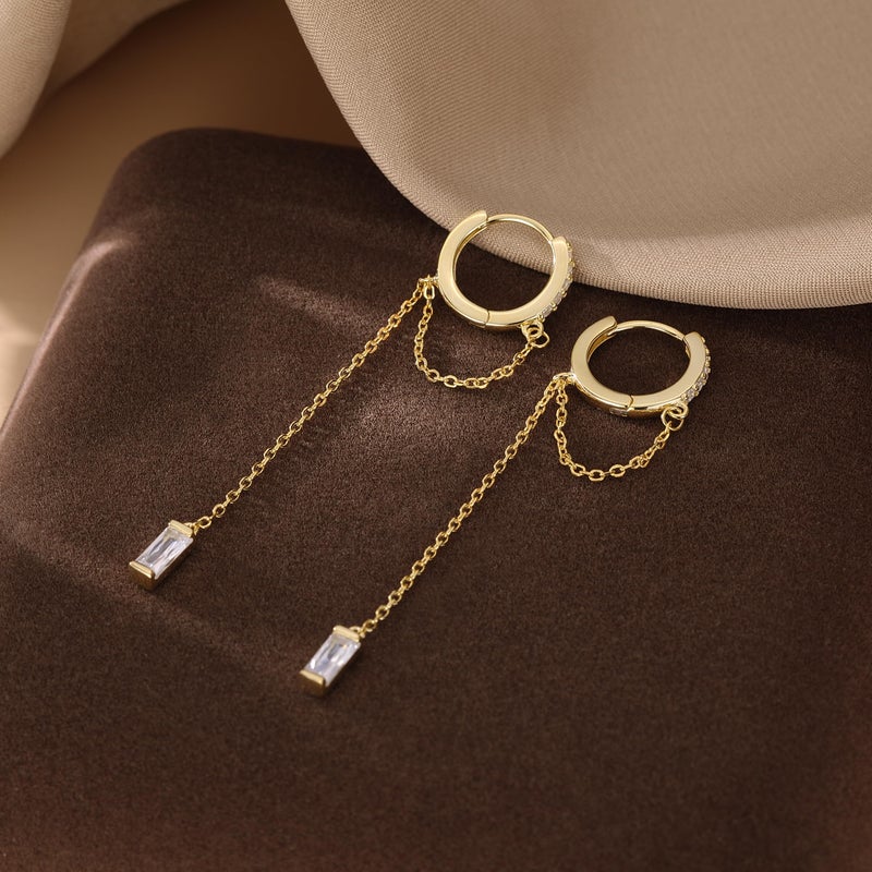 Reffeer 925 Sterling Silver CZ Chain Hoop Earrings Dangle for Women Teen Girls Dangle Earrings Chain Drop Earrings Huggie (B-Gold) - Image 5