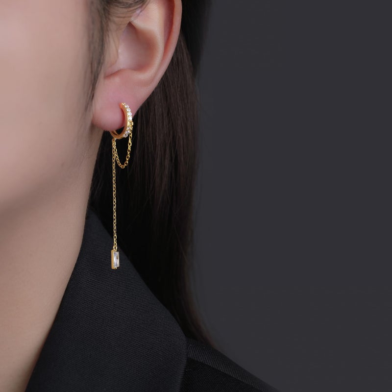 Reffeer 925 Sterling Silver CZ Chain Hoop Earrings Dangle for Women Teen Girls Dangle Earrings Chain Drop Earrings Huggie (B-Gold) - Image 2