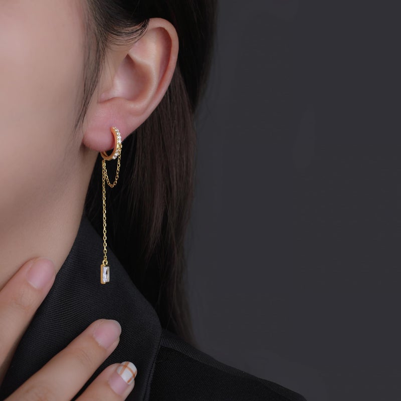 Reffeer 925 Sterling Silver CZ Chain Hoop Earrings Dangle for Women Teen Girls Dangle Earrings Chain Drop Earrings Huggie (B-Gold) - Image 3