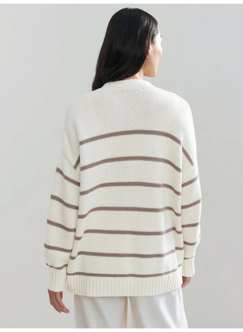 NIBEMINENT Women Striped Knit Cardigan V Neck Autumn Winter Loose Fit Cotton Sweater Tops Thick Warm Casual Outwear For Daily Office - Image 3