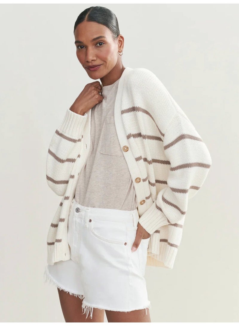 NIBEMINENT Women Striped Knit Cardigan V Neck Autumn Winter Loose Fit Cotton Sweater Tops Thick Warm Casual Outwear For Daily Office - Image 2