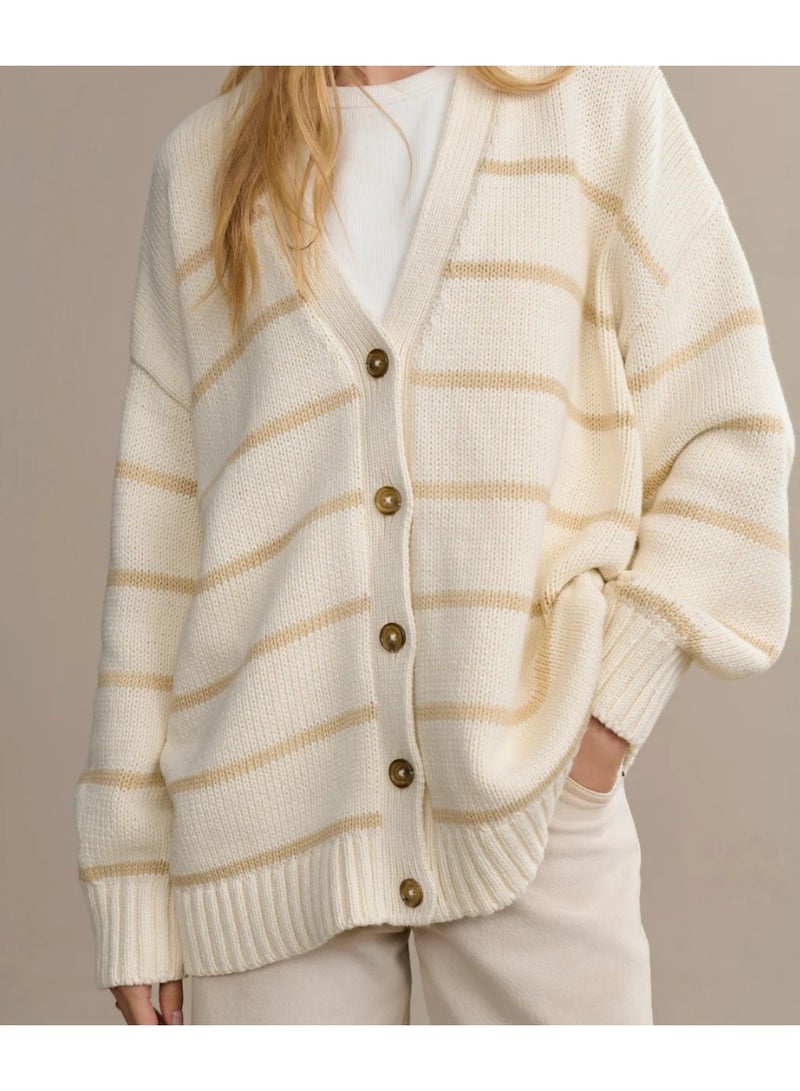 NIBEMINENT Women Striped Knit Cardigan V Neck Autumn Winter Loose Fit Cotton Sweater Tops Thick Warm Casual Outwear For Daily Office - Image 1