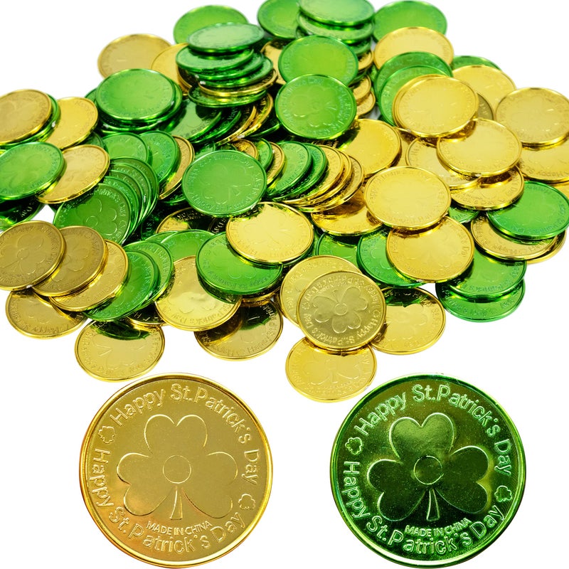 GiftExpress St Patricks Gold Coins 144 Count Kids Play Lucky Clover Coin Shamrock Money Pirate Tokens Toy Treasure for St Patricks Day Games Decorations Party Favors - Image 3