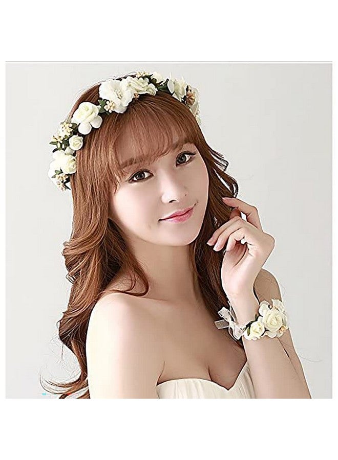 SYGA Flower Tiara and Bracelet Set Flower Headband and Flower Bracelet Bridesmaid Floral Hair Bands Floral Garland For Women Bride Wedding Vine Tiara Bridal Crown Hair Accessory - White - Image 4