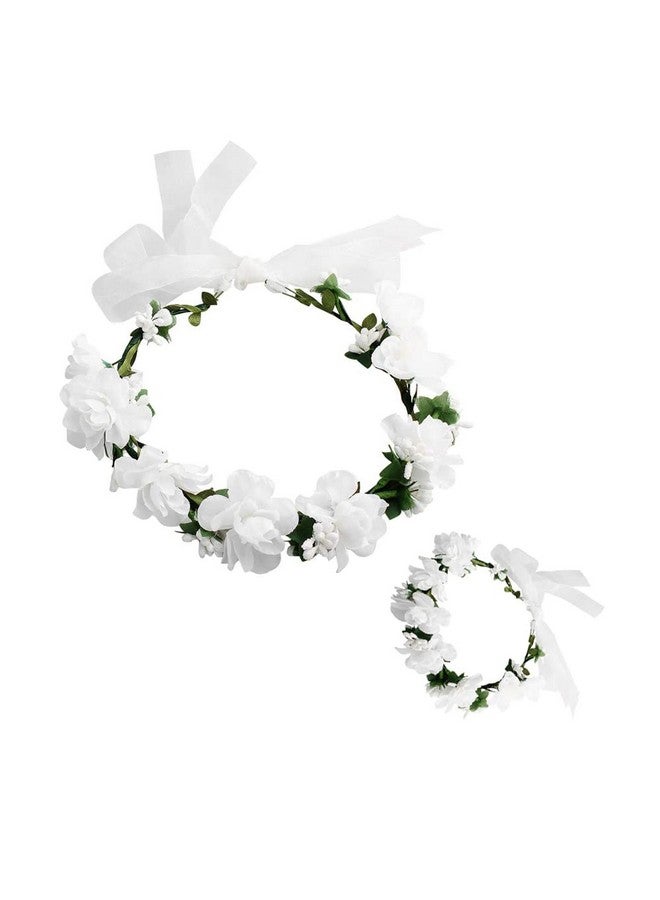 SYGA Flower Tiara and Bracelet Set Flower Headband and Flower Bracelet Bridesmaid Floral Hair Bands Floral Garland For Women Bride Wedding Vine Tiara Bridal Crown Hair Accessory - White - Image 1