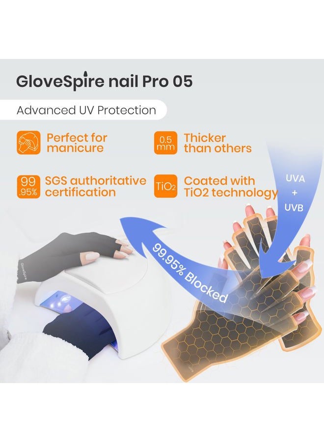 GloveSpire قفازات UV لمانيكير الجل، قفازات سميكة UPF50+ لحماية من الأشعة فوق البنفسجية، قفازات بدون أصابع للنساء لحماية الأظافر من الضوء فوق البنفسجي (أسود - مقاس واحد يناسب معظم الأحجام) - Image 2
