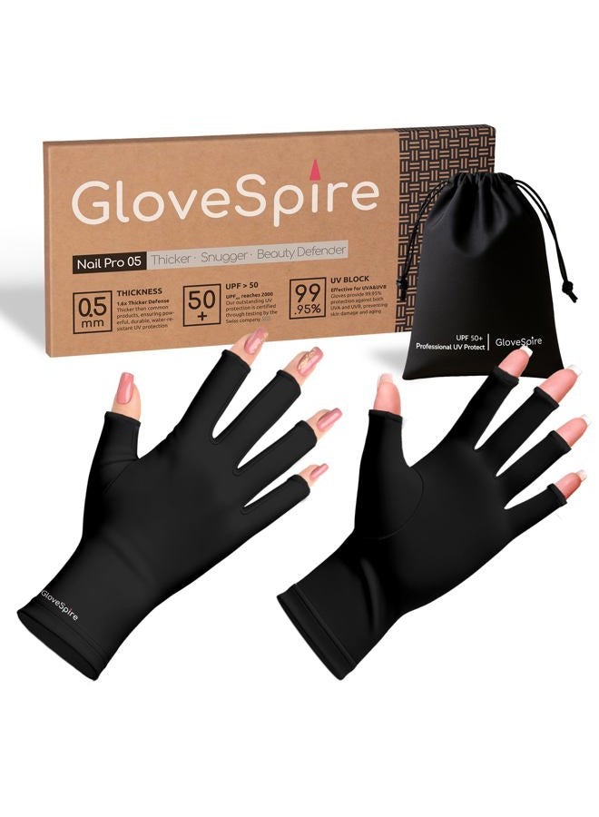 GloveSpire قفازات UV لمانيكير الجل، قفازات سميكة UPF50+ لحماية من الأشعة فوق البنفسجية، قفازات بدون أصابع للنساء لحماية الأظافر من الضوء فوق البنفسجي (أسود - مقاس واحد يناسب معظم الأحجام) - Image 1