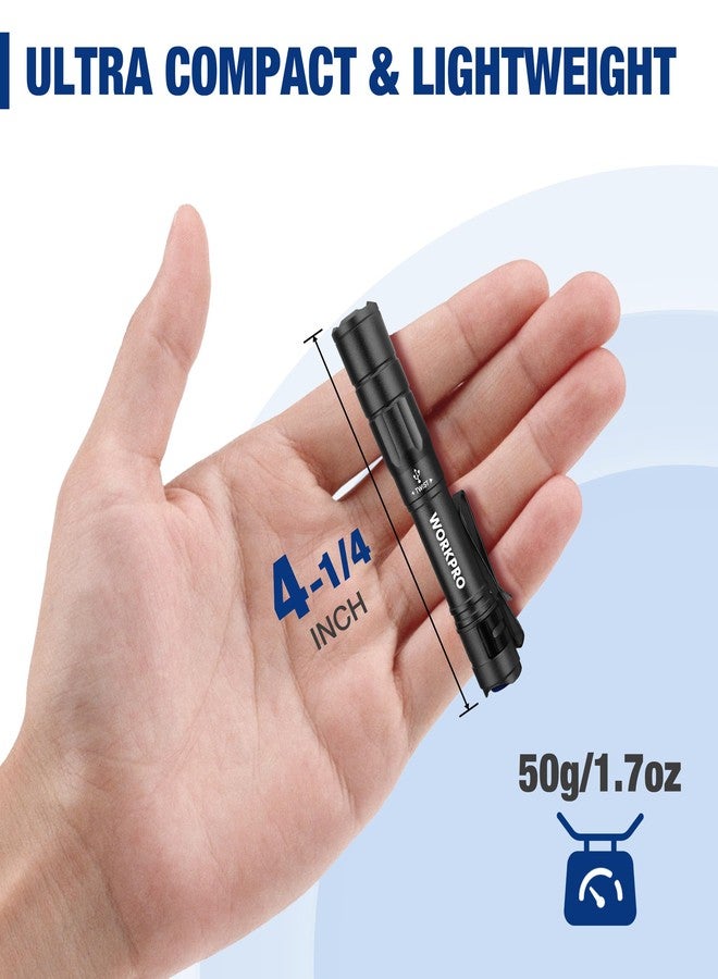 ووركبرو مصباح قلم قابل لإعادة الشحن من WORKPRO، مصباح يدوي صغير، عبوة من قطعتين من مصباح يدوي EDC فائق الصغر، مصباح يدوي للجيب مع مشبك، وظيفة الذاكرة وكابل USB C متضمن، أسود - Image 2
