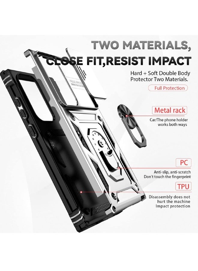 Generic - Samsung Galaxy S24 Ultra Case, Slide Camera Cover, Built-in 360° Rotate Ring Kickstand, Drop Proof Shockproof Test, Heavy Duty Shockproof Protective Case for Galaxy S24 Ultra 5G 2024, Sliver - Image 1